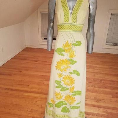  Vtg Alfred Shaheen signed 1960's flora hand printed maxi dress