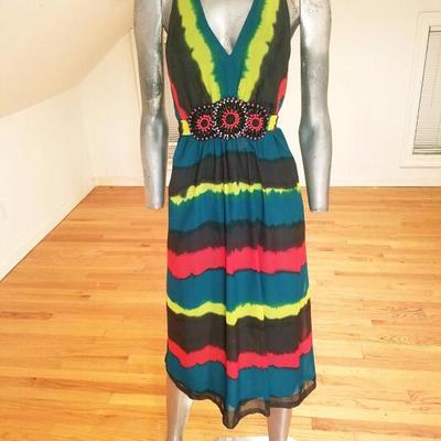 Vtg Tie Dye Empire midi dress ethnic bead embroidery