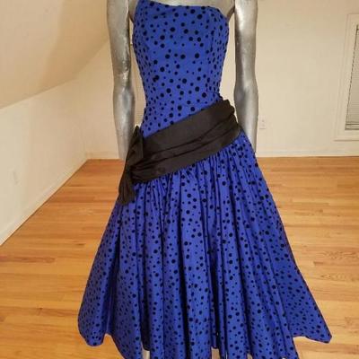 Vtg 1970 single shoulder shantung azul party dress velour polka dots sash bow