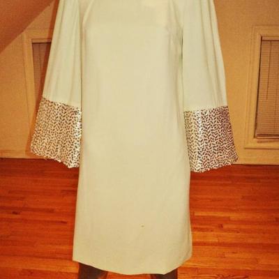 vtg 1950's mod Trapeze embellished dress bell sleeves metal zipper gold sequins