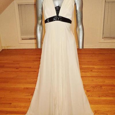 Carmen Marc Valvo silk empire grecian fluid pleat halter gown buggle bead/lace