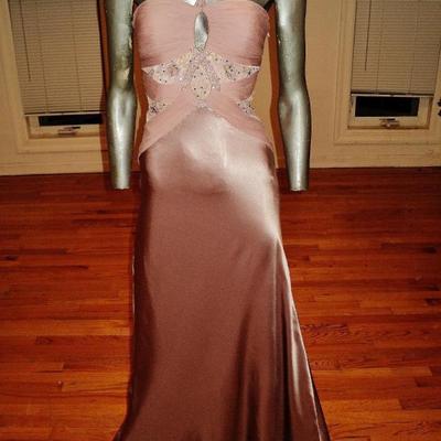 Vtg lavender silk couture halter gown shirred chiffon Train embellished