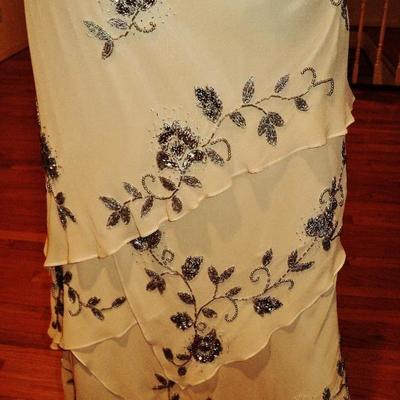 Vtg Sue Wong layered silk handkerchief dress silver beaded on antique chiffon