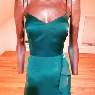 Vtg Kay Unger silk satin tie dye wiggle dress side ruffle