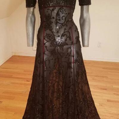 Vtg silk fully onyx beaded Regency layering gown full fluid