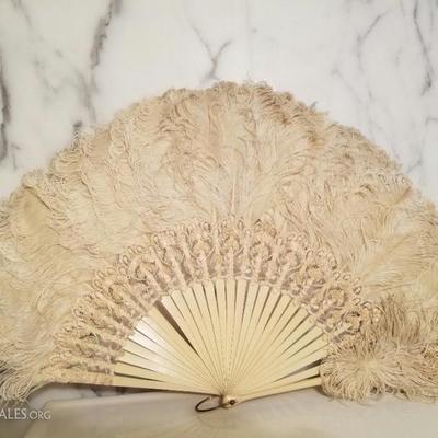 18th century Victorian French Ostrich feather large fan lace/bronze tone loop