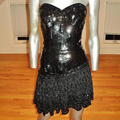 Vtg sequin beads ensemble mini fluid dress & bolero 100% silk