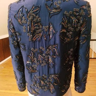 Vintage Cobalt blue silk embellished beads/sequins tunic open Jacket 