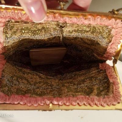 Antique edwardian French Jeweled micro beaded gilded bag w/fringes