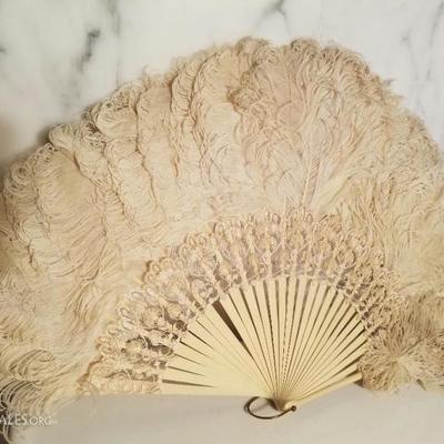 18th century Victorian French Ostrich feather large fan lace/bronze tone loop