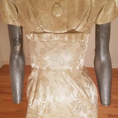 Vtg 1940's gold Brocade dress/jacket  ensemble large button metal zip