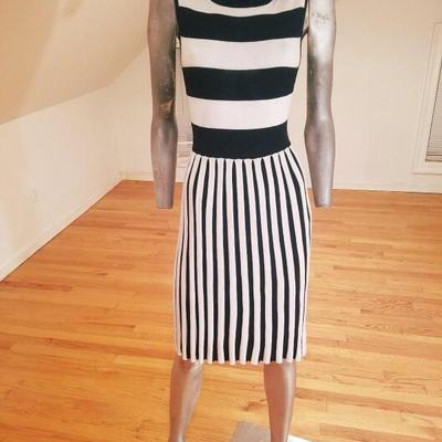 Alice+Olivia striped black/white turtle neck body con dress wool/viscose content