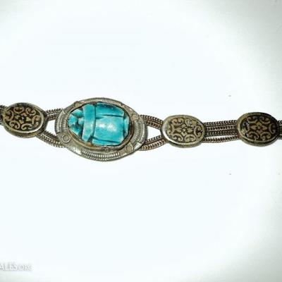 Vtg 1940's old silver scarab bracelet  Beetle filigree embossed from Egypt