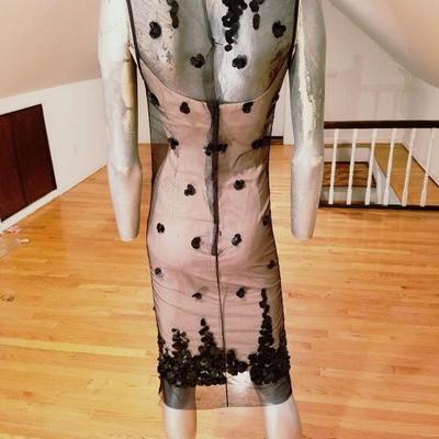 Vtg 1940's Illusion wiggle Cocktail dress Tulle/Sequins metal zip 