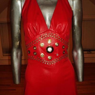  1960's Limited Edition Mr. Boots halter red liquid leather maxi dress gold loops