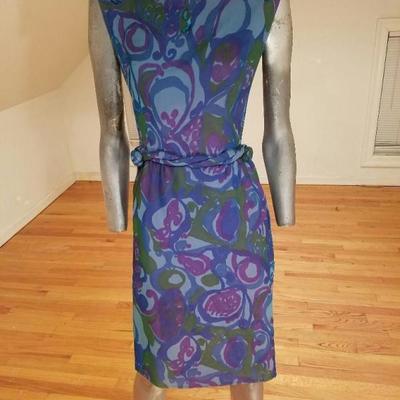 Vtg 1050's silk screen silk chiffon wiggle dress Lord & Taylor Metal zipper 