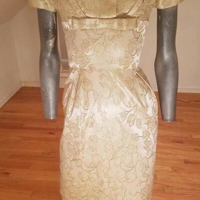 Vtg 1940's gold Brocade dress/jacket  ensemble large button metal zip