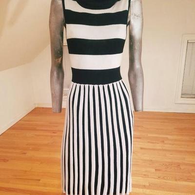 Alice+Olivia striped black/white turtle neck body con dress wool/viscose content