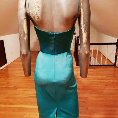 Vtg Kay Unger silk satin tie dye wiggle dress side ruffle