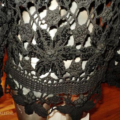 Vtg Hand crochet & macrame sequined beaded Opera layering Jacket
