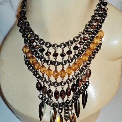 Vtg ethnic brass metal waterfall necklace tiger eye  beads shells