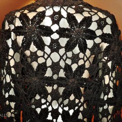 Vtg Hand crochet & macrame sequined beaded Opera layering Jacket