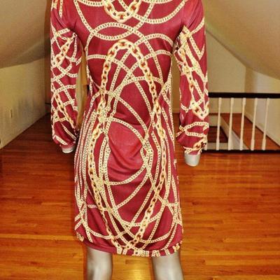 Vtg silk gold chains wiggle dress shirred neckline chanel style