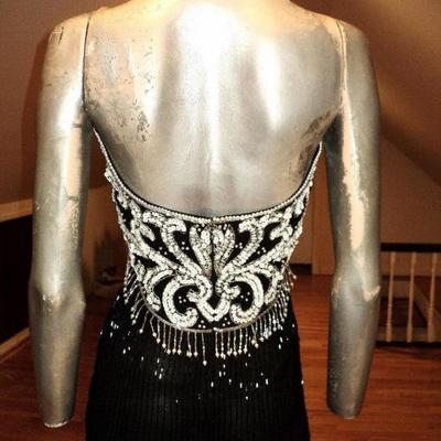 Vtg Jovani silk halter maxi all beaded & sequined black & white Gown