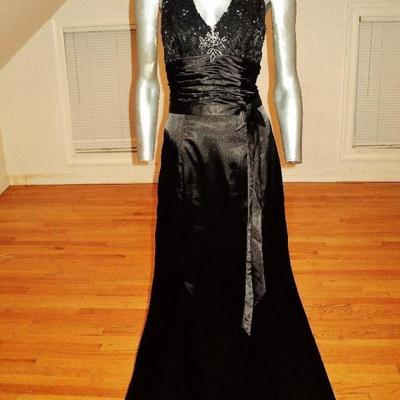 Vintage halter Satin gown shirred sash guipure lace embellished rhinestones  