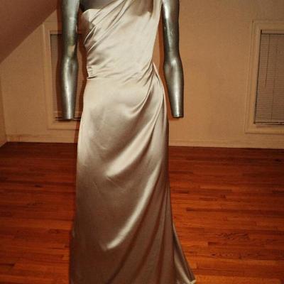 Couture Jackie Rogers silver single shoulder silk grecian draped bias gown