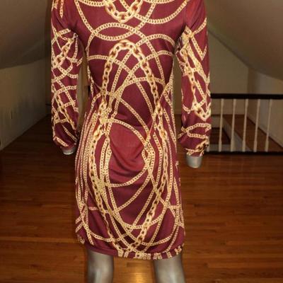 Vtg silk gold chains wiggle dress shirred neckline chanel style