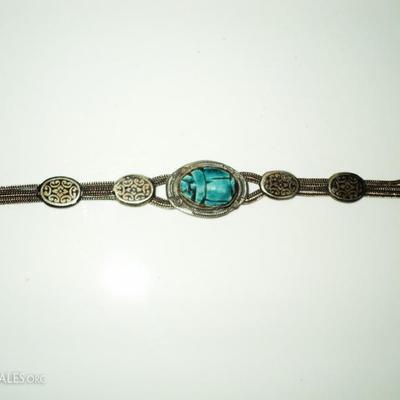 Vtg 1940's old silver scarab bracelet  Beetle filigree embossed from Egypt