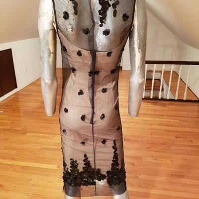 Vtg 1940's Illusion wiggle Cocktail dress Tulle/Sequins metal zip 