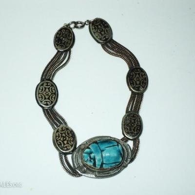 Vtg 1940's old silver scarab bracelet  Beetle filigree embossed from Egypt