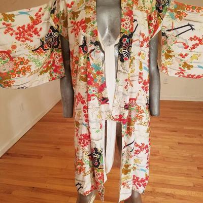 Vtg 1940's Japanese Haori Hand painted raw silk kimono Shibori art gold