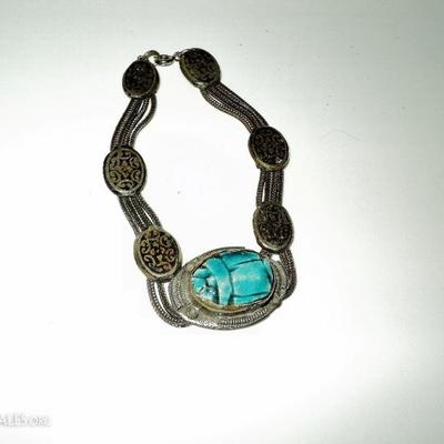 Vtg 1940's old silver scarab bracelet  Beetle filigree embossed from Egypt