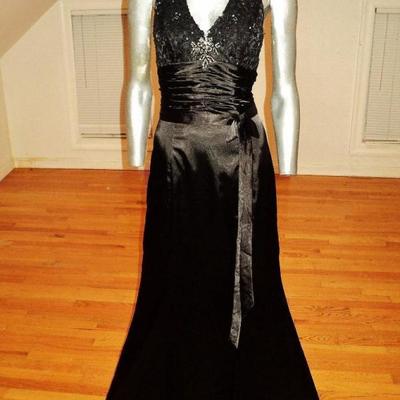 Vintage halter Satin gown shirred sash guipure lace embellished rhinestones  