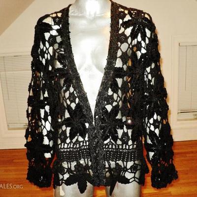 Vtg Hand crochet & macrame sequined beaded Opera layering Jacket