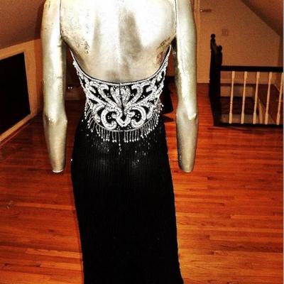 Vtg Jovani silk halter maxi all beaded & sequined black & white Gown