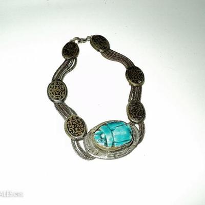 Vtg 1940's old silver scarab bracelet  Beetle filigree embossed from Egypt