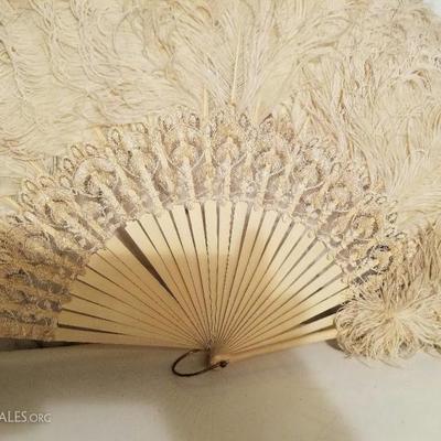 18th century Victorian French Ostrich feather large fan lace/bronze tone loop