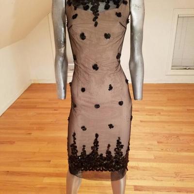 Vtg 1940's Illusion wiggle Cocktail dress Tulle/Sequins metal zip 