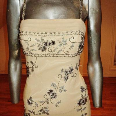 Vtg Sue Wong layered silk handkerchief dress silver beaded on antique chiffon