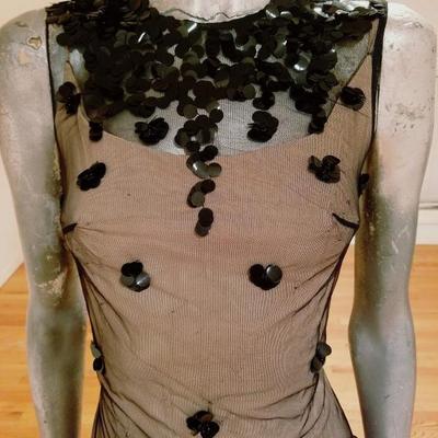 Vtg 1940's Illusion wiggle Cocktail dress Tulle/Sequins metal zip 