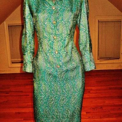 Vtg 1960's Metallic brocade cost dress aqua with gold rhinestone buttons