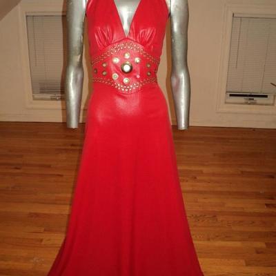  1960's Limited Edition Mr. Boots halter red liquid leather maxi dress gold loops