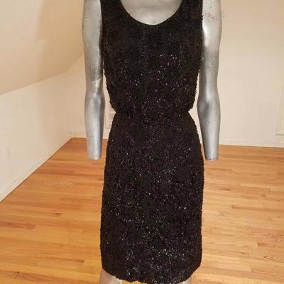 Vtg 1930's silk crepe flapper dress hand beaded embroidered sequins