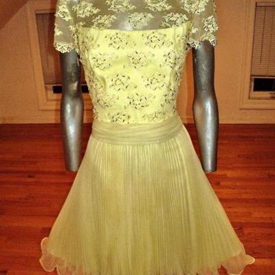 Vtg 1960's Jack Bryan lace beads pencil pleats fluid dress Hong Kong