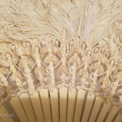 18th century Victorian French Ostrich feather large fan lace/bronze tone loop