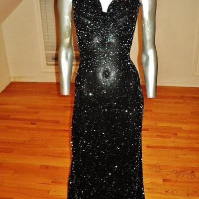 Vtg silk Onyx maxi gown with train extremely heavy beaded bias cut